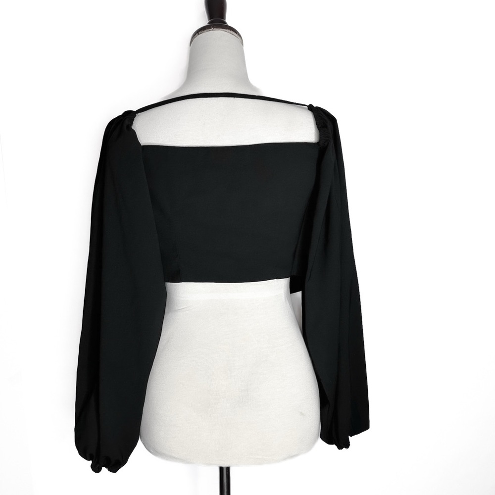 Hers & Mine Black Long Sleeve Front Tie Crop Top Size Small - Picture 3 of 5